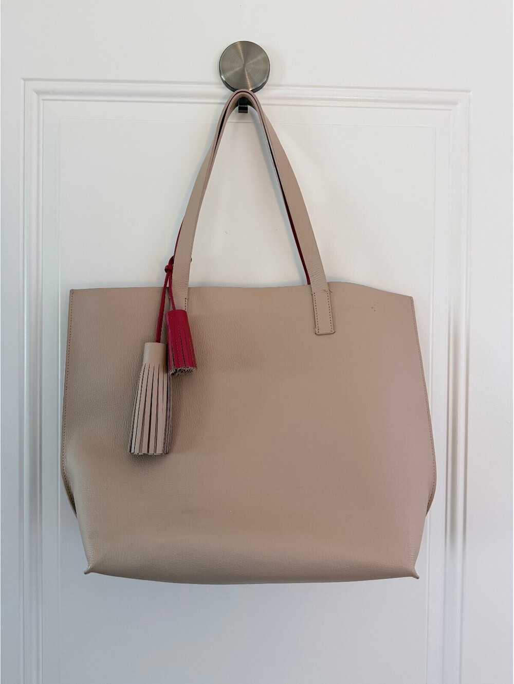 Kate Spade XL Beige Leather Tote Bag Red Tassels